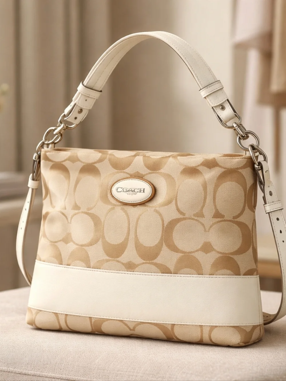 Coach Beige Signature Canvas Shoulder Bag with Cream Leather Accent - Picture 1 of 10